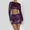 Skirts Women's Sexy Sequins Long-sleeved Revealing Umbilical Cord Girl Top Package Hip Short Skirt Pure Desire Wind Two-piece Suit
