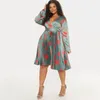 Plus size vestidos outono moda vestido estampado feminino sexy com decote em v manga longa cintura alta plissado elegante commuter