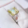 Three Stone VVS Diamond 10K White Gold Emerald Cut Yellow Moissanite Ring
