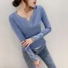 Mulheres Camisetas Outono Inverno Moda Europeia Roupas Menina T-shirt Sexy Brilhante Diamantes Mulheres Malha Tops Todos Match Algodão Tees Blusa