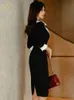 Robes sexy urbaines H Han Queen femmes col cranté gaine noire robe crayon mode mince OL travail moulante bureau affaires robes 231202