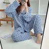 Frauen Nachtwäsche Baumwolle Koreanische Pyjama Herbst Nette Herz Druck Pyjamas Langarm Pijama Weibliche Set Negligé Strickjacke Anzug 231201