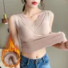 Camisolas Tanques Ropa interior cálida y gruesa con almohadilla para el pecho Tops con cuello en V Chaleco sin mangas Ropa de invierno sexy Chicas de moda