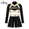 Cheerleading Mädchen Cheerleader Outfits Gymnastik Tanz Cheerleading Kostüm Kinder Langarm Cheers Print Crop Top mit Faltenrock Set 231201