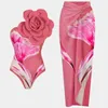 Damen-Bademode, rosa, One-Shoulder-Rüschendruck, Blumen-Badeanzug-Set, vertuschen, einteilig, Mikro-Monokini, sexy, für Mädchen, Sommer, Strand