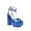 Sandales 2023 Été Sexy Chic Fête De Mariage Dames Bout Ouvert Bleu Or Argent Vert Cheville Croix-sangle Plate-Forme Bloc Talons Hauts