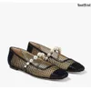 22s Women Loafer Shoes Ballet Ade Flat Black Suede Flats med Pearl Embellment Fishnet Mesh och Nappa Leather Luxury Brand Designer