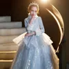 Luxuriöse spitzen glänzende Blumenmädchenkleider Sky Blue Ball Kleid schiere Nacken Kristalle Organza Liltle Kinder Geburtstags Festzug Weddding Kleinkind Baby Brautjungfernkleider 403