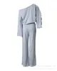 Women's Two Piece Pants 2023 Womens Pant Sets Light Gray Hole Design Off Shoulder Long Sleeved Sweater Suit Casual Suits