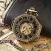 Pocket watch retro mechanical hollow carved octagonal ancient Roman blue number nostalgic necklace for male and female students hanging watch