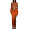 Maillots de bain pour femmes Femmes Sexy Deux pièces Tenues Jupe Ensembles sans manches Spaghetti Strap Découpe Tops et costume de fente haute (Orange M)