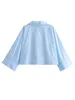 Kvinnors blusar Bazaleas officiella butik Blue Short Summer Chic Lapel Single-Breasted Nine Quarter Pockets Shirt Tops For Women