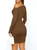 Casual jurken dames sexy off-shoulder mini-jurk lange mouw ruches bodycon y2k schattig slim fit party clubwear kort