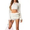 Women's Tracksuits ZJLJAYCHOU Women Hollow Out Knit Sets Ong Sleeve Crop Top And High Waist Tiered Skirt Lounge Tracksuit Outfits