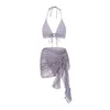Vrouwen Badmode Driedelige Bikini Set 2023 Effen Kleur Halter Bandage Bh String Badpak Met Mesh Cover Ups sarong