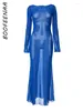 Casual Jurken BOOFEENAA Fit en Flare Bodycon Maxi-jurk Lange mouwen See Through Mesh Blauw Voor Dames Sexy Vakantieoutfits C85-BD19