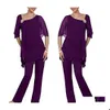 Mother Of The Bride Suits Mother Of The Bride Suits Purple Two Pieces Pant Layered Irregual 1/2 Long Sleeves Chiffon Plus Size Wedding Dhxzl