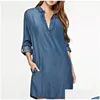 Grundlegende Freizeitkleider Denim-Kleid für Frauen 2022 Herbst Blau V-Ausschnitt Langarm Mini Plus Size Washed Shirt Vestidos Drop Lieferung Appa Dhzac