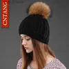 Beanie/Skull Caps Women Double Deck Knitted Wool Hat Winter Natural Raccoon Fur Warm Cs Female Pom Hats Ladies Fashion Skullies Beanies CL231202