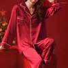 Vêtements de nuit pour femmes 2023 Ensemble de pyjamas en soie douce Ensemble de haut et de pantalon imprimé d'amour mignon Tache PJS chinois chanceux rouge lâche salon ensembles vêtements de maison