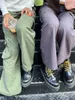 Женские брюки винтажные повседневные зеленые женские весенние однотонные регулируемые эластичные брюки с высокой талией, прямые ретро уличные брюки Y2k 231201