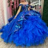 Glitzernde blaue Quinceanera-Kleider mit Umhang, formelle Geburtstagsfeier, Ballkleid, Applikationen, Perlen, Tull, abgestuft, Vestidos de 15 Jahre