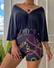 Sexiga sommarkvinnor Solid Color V Neck Casual Top Chain Print Shorts Set