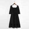 Party Dresses Summer For Women 2023 Elegant Evening Square Neck Vintage Black Half Sleeve Back Smocked Ruffle Hem Midi