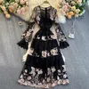 Casual Dresses Mesh Patchwork Pink Floral Embroidered Vestidos 2023 Summer Women Hollow Out Long Flare Sleeve One-Piece Maxi Dress