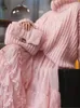 Женские свитера Элегантный розовый вязаный свитер с воротником для женщин Свободные рукава-фонарики Плиссированные трикотажные топы 2023 Женская теплая уличная одежда 231202