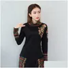 Vêtements ethniques Style chinois Femmes Vêtements 2021 Automne Rétro Broderie Coton Blouse Noir Hanfu Dames Tops 11984 Drop Delivery App Dhvid