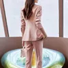 Calças de duas peças femininas 2023 primavera feminino elegante rosa amarelo flares terno blazer calças jaqueta de negócios senhora do escritório 2 peças conjunto S-4XL