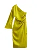 Casual Dresses One Shoulder Elegant Party Ruched Midi Summer Dress Asymmetrical Off Women Yellow Satin Woman