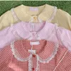 Damskie bluzki w stylu japońsku kawaii kratą koszulę kobiety koronkowe patchwork krótkie rękawe słodkie bluzka żeńska letnia elegancka słodka topy blusas mujer