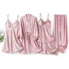 Women's Sleepwear Pajamas Five Piece Sleep Set Lace Bathrobe Nightgown Loungewear Women Cami Shorts Trouser PJS Suit Satin Lingerie 231201