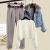 Women's Two Piece Pants Winter Plush Thickened Wool Collar Denim Jacket Knitting Sweater Flocking Casual Trousers Three Elegant Suit 231201