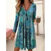 Freizeitkleider Damen Vintage Print 2024 Frühling Herbst Strand V-Ausschnitt Langarm Lose A-Linie Kleid Robe Weibliche Kleidung 3XL