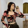 القمصان النسائية Thirts Floral Mesh Long Sleeved Female Tops Tops Square Devel Deven