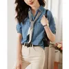 Kvinnor BLOUSES 2023 Summer Simple Fashion Single-Breasted Korean Loose Vintage Kort ärm All-Match Blue Denim Shirt for Women Z364