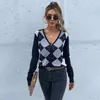 حياكة نسائية ضئيلة النساء غير الرسمي طويل الأكمام رقيقة من الماس منقوشة v-neck botton cardigan cardigan knit coat street street lady all-match