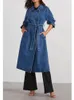 Women's Trench Coats Retro Denim Coat Women Autumn Winter 2023 Fashion Solid Long Sleeve Button Up Jean Jacket With Belted Overcoat