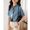 Kvinnor BLOUSES 2023 Summer Simple Fashion Single-Breasted Korean Loose Vintage Kort ärm All-Match Blue Denim Shirt for Women Z364