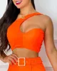 Summer Solid Sexy Sleeveless One Shoulder Bodycon Crop Top Mini Skirt Set With Belt Orange Party Casual Two Pieces Sets
