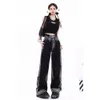 Jeans pour femmes Rétro Revers Couleur Noir Gris American Street Harajuku Tendance Y2K Pantalon droit taille haute lavé jambe large 231201