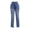 Jean femme pantalon droit déchiré trou coupe cintrée taille haute Vintage Streetwear décontracté mode Stretch bleu femme Denim crayon