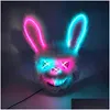 Party Masks Design Scary Neon Glowing Bloody Rabbit Cosplay Bunny Mask Halloween Carnival Costume Luminous Props Led Drop Delivery H Dhlnh