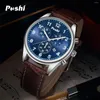Armbandsur Poshi Luxury Quartz Watches Waterproof Calendar Wrist Watch for Men Leather Strap Green Dial Sport Man Clock Relogio Original
