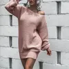 Casual Dresses Elegant Off Shoulder Knitted Mini Dress Lantern Sleeve Ribbed Sweater Women Autumn Winter Chunky Pullovers Robe