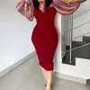 Ethnic Clothing Women Bodycon Dresses Patchwork Printed Lantern Sleeves Elegant Office Ladies Work Wear Spring Fashion African Female