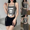 Canotte da donna Sexy Shinny Sliver Crop Top Canotta Collo quadrato Tinta unita Senza maniche Slim Side Lace Up Abbigliamento Canotte Canotte